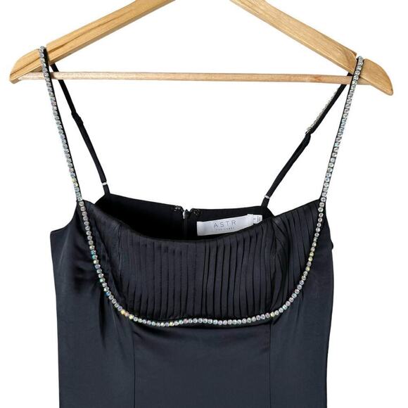 NWT ASTR The Label Mina Satin Rhinestone Trim Mini Dress in Black, Size‎ Small - Picture 3 of 11